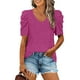thumbnail image 4 of Top de manga corta con cuello en V para mujer - Color liso, corte holgado, poliéster - Camisa informal y elegante para el día a día y actividades al aire libre, fácil de combinar con leggings, 4 of 5