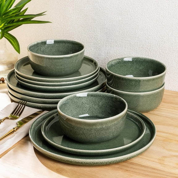 Stoneware Dinnerware Sets for 4,Round Reactive Glaze Ceramic Plates and Bowls Set,Highly Scratch Resistant | Dishwasher & Microwave Safe Dishes Set,Service for 4 (12pc)