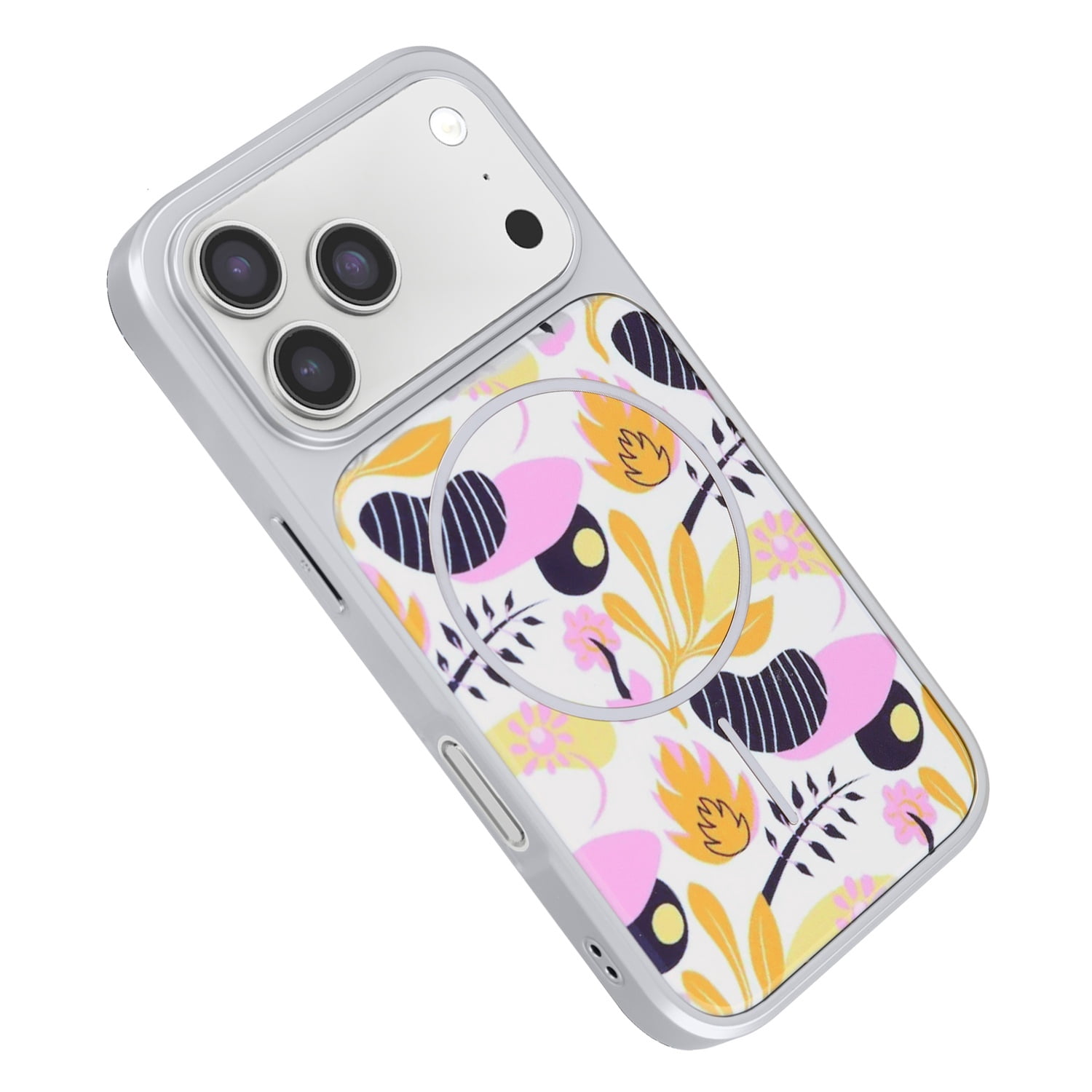Dual Layer Floral Phone Case Compatible with MagSafe for iPhone 17 Pro Max - White