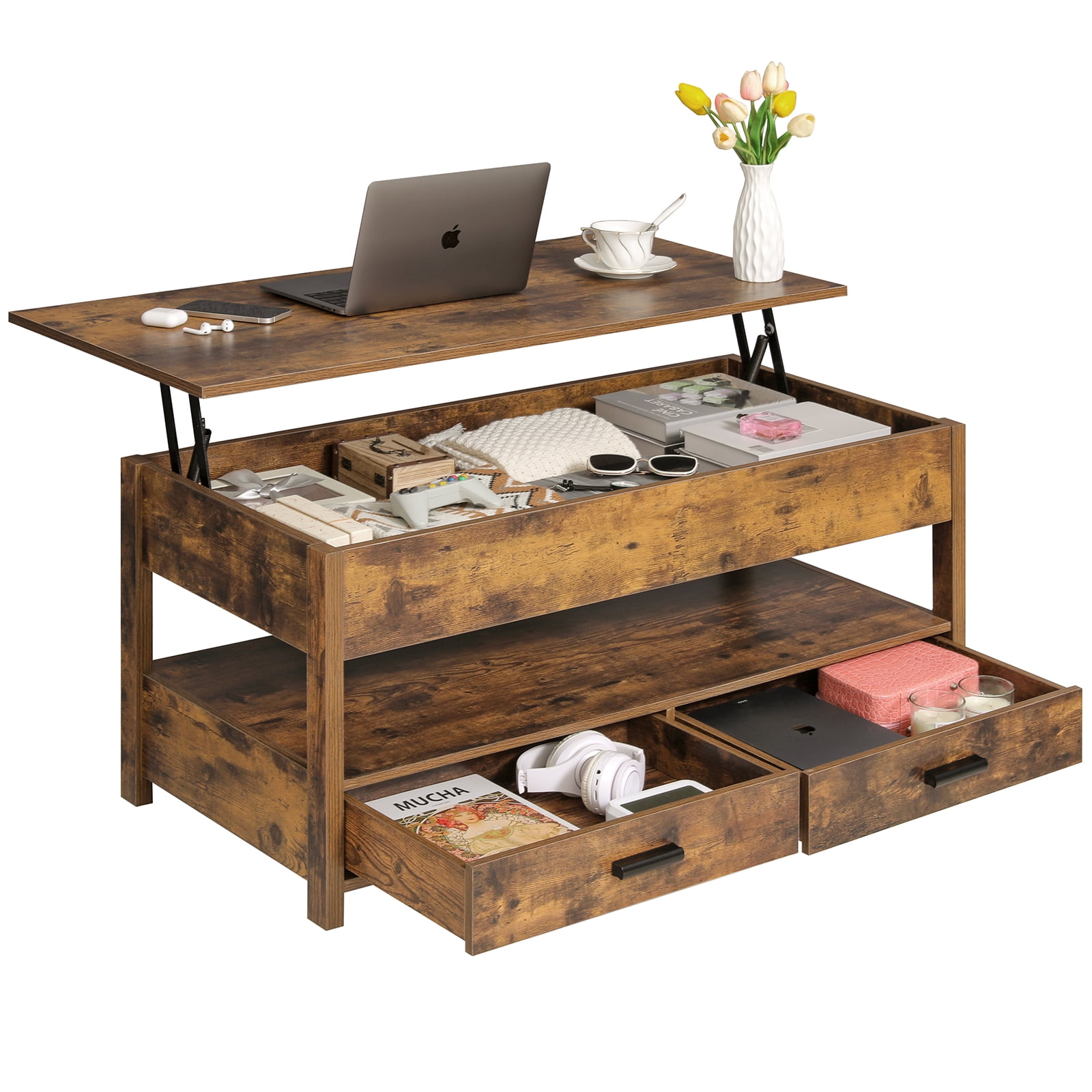 USIKEY Lift Top Coffee Table with 2 Drawers & Hidden Space & Open Shelf