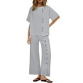 thumbnail image 6 of DDAPJ pyju Summer Outfits for Women 2 Piece Cotton Linen Matching Set Button Design Short Sleeve Tops and Wide Leg Pants Lounge Track Suit Sets Ofertas Prime Yellow L, 6 of 10