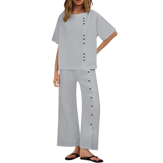 2 Piece Linen Set for Women, Solid Color Short Sleeve Tops and Wide Leg Pants Button Suits Beach Vacation Outfits with Pockets Spring Outfits for Women 2025 Gray XL