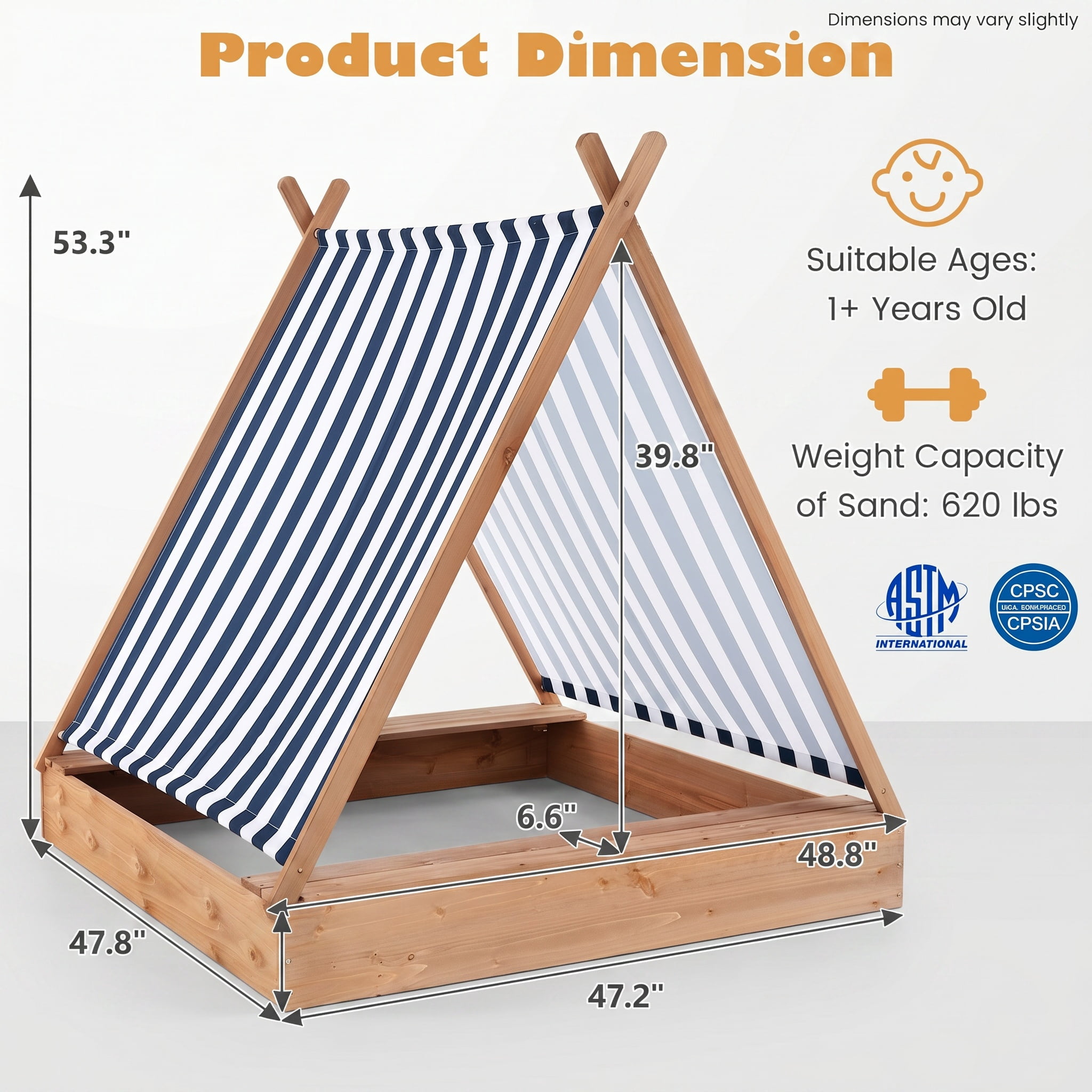 Kadyn Sandbox, Outdoor Play Sand Box,49 x 48 Inch Kids Wooden Sandbox with Cover and 2 Bench Seats