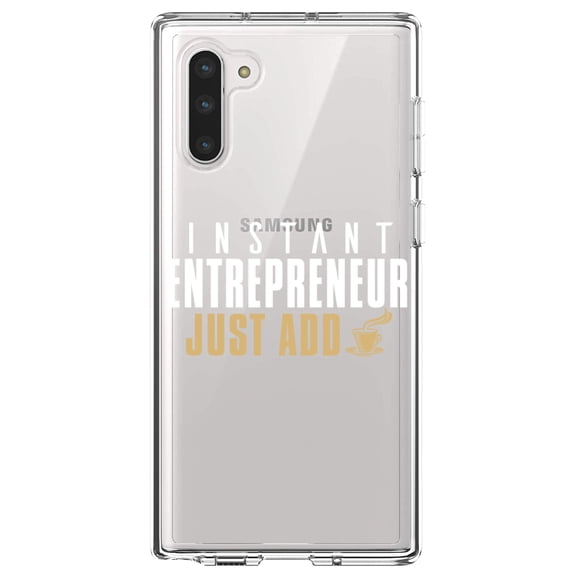 DistinctInk Clear Shockproof Hybrid Case for Samsung Galaxy Note 10 (6.3" Screen) - TPU Bumper Acrylic Back Tempered Glass Screen Protector - Instant Entrepreneur Just Add Coffee
