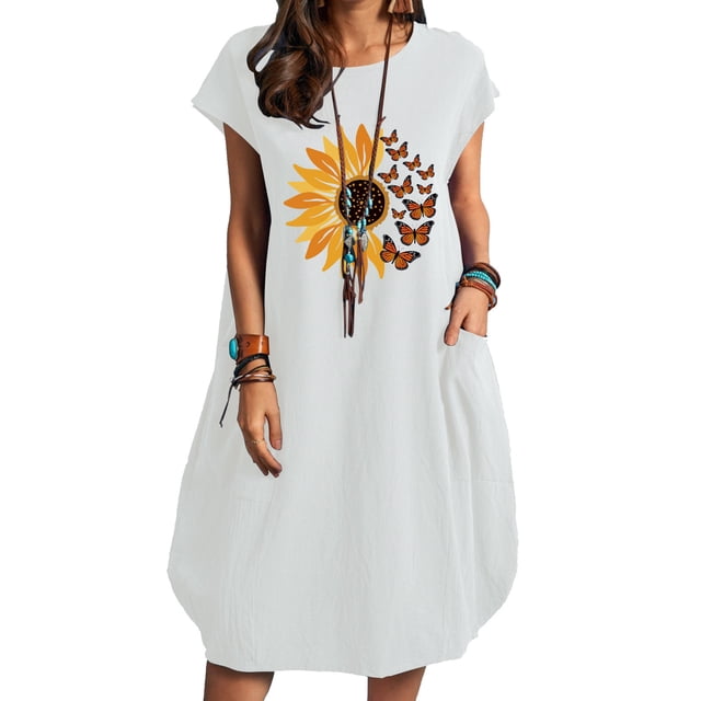 Pompotops Robe Décontractée Mode Femme Col Rond Imprimé Floral Grande Taille avec Poches en Solde