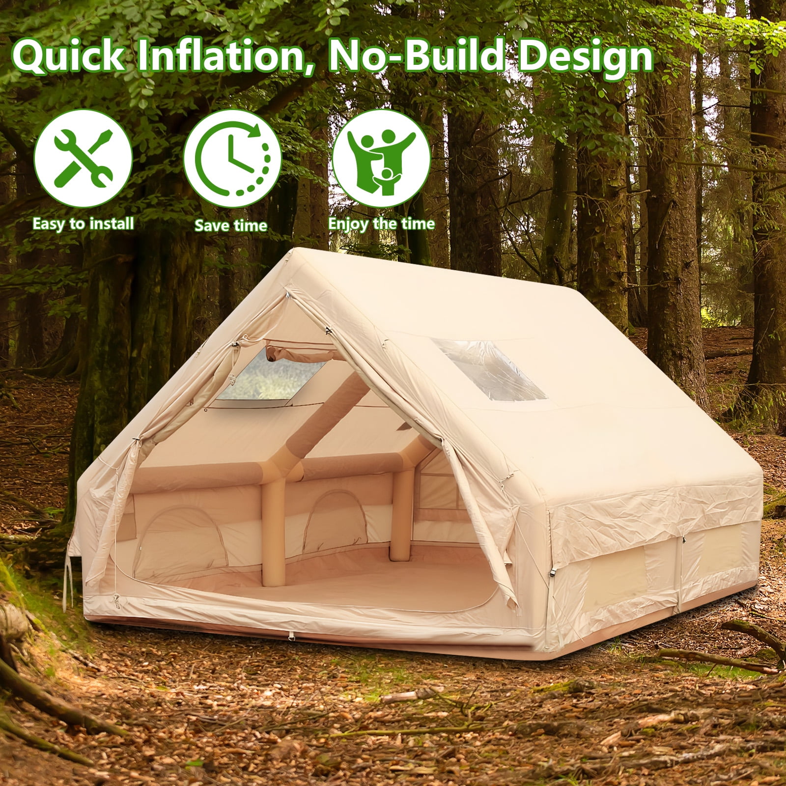 Qiyester Inflatable Camping Tent Waterproof Outdoor Cabin House with Hand Pump Doors Mesh Windows 4 Season 129 sq.ft No Assembly Needed