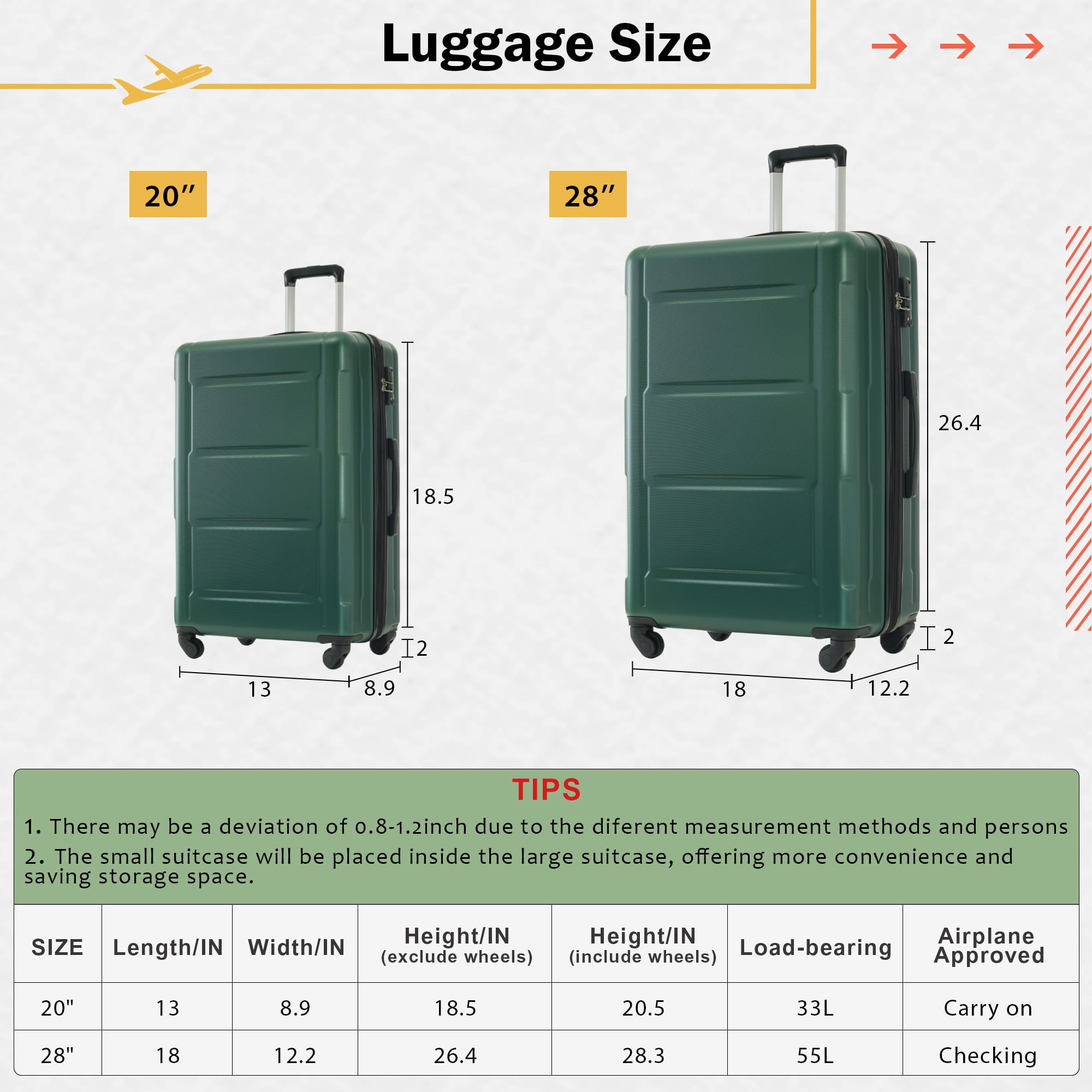 MAYEERTY 4-Piece Hardside Luggage Set - Lightweight Expandable ABS with TSA Lock & Spinner Wheels, 20"+28"+2 Bags, Green