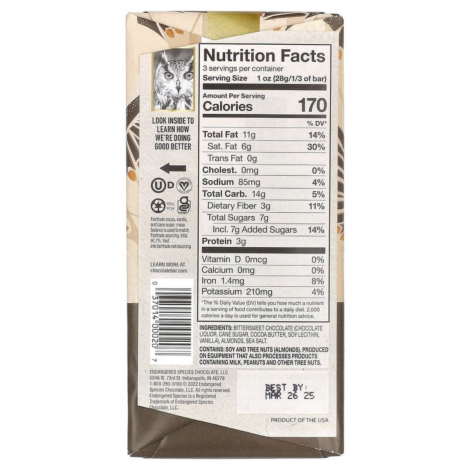 Endangered Species Dark Chocolate 72% Cocoa Bar Vegan Glulten Free Sea Salt and Almonds 3 oz Pack of 2