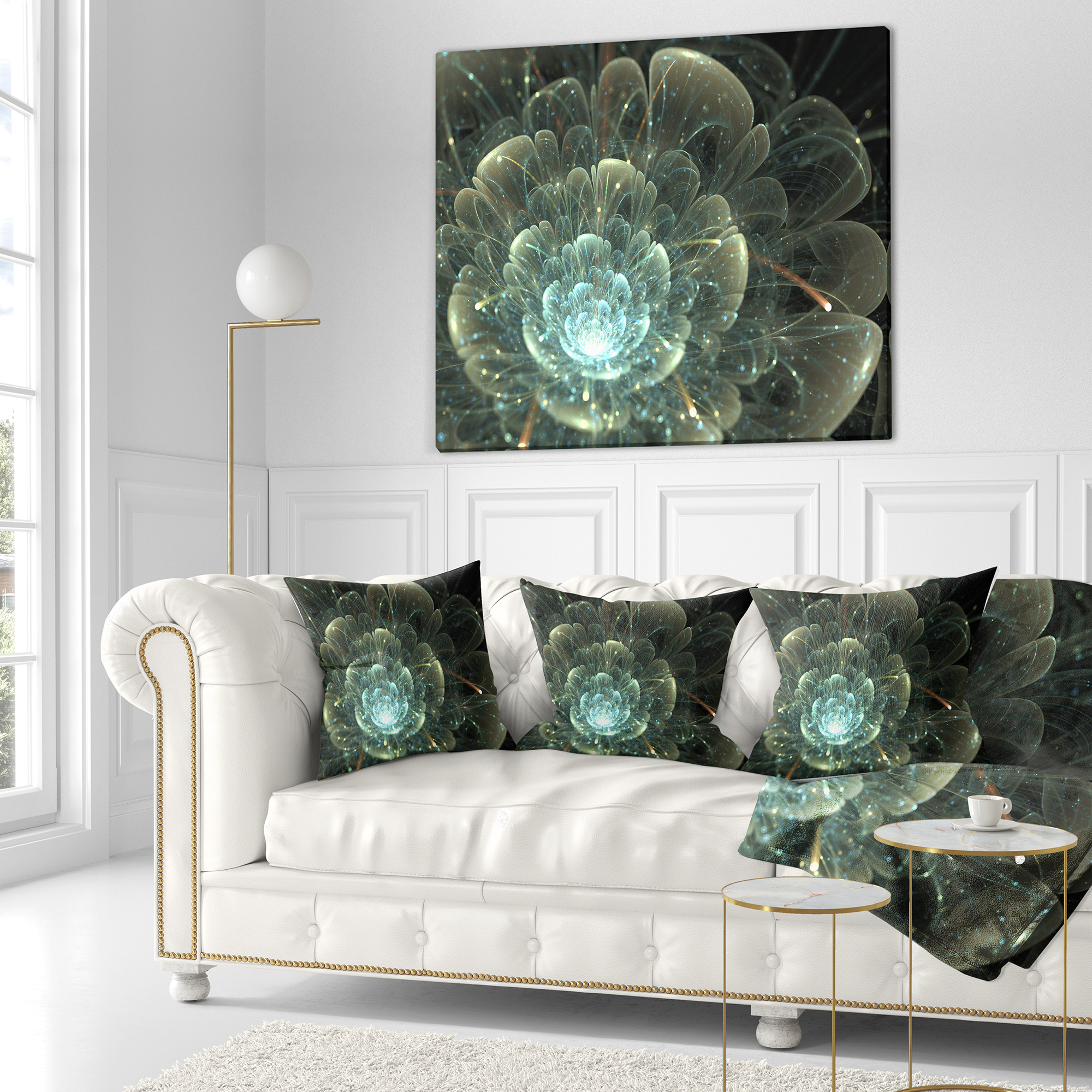 Designart Fractal Flower Blue and Gray - Floral Throw Pillow - 16x16