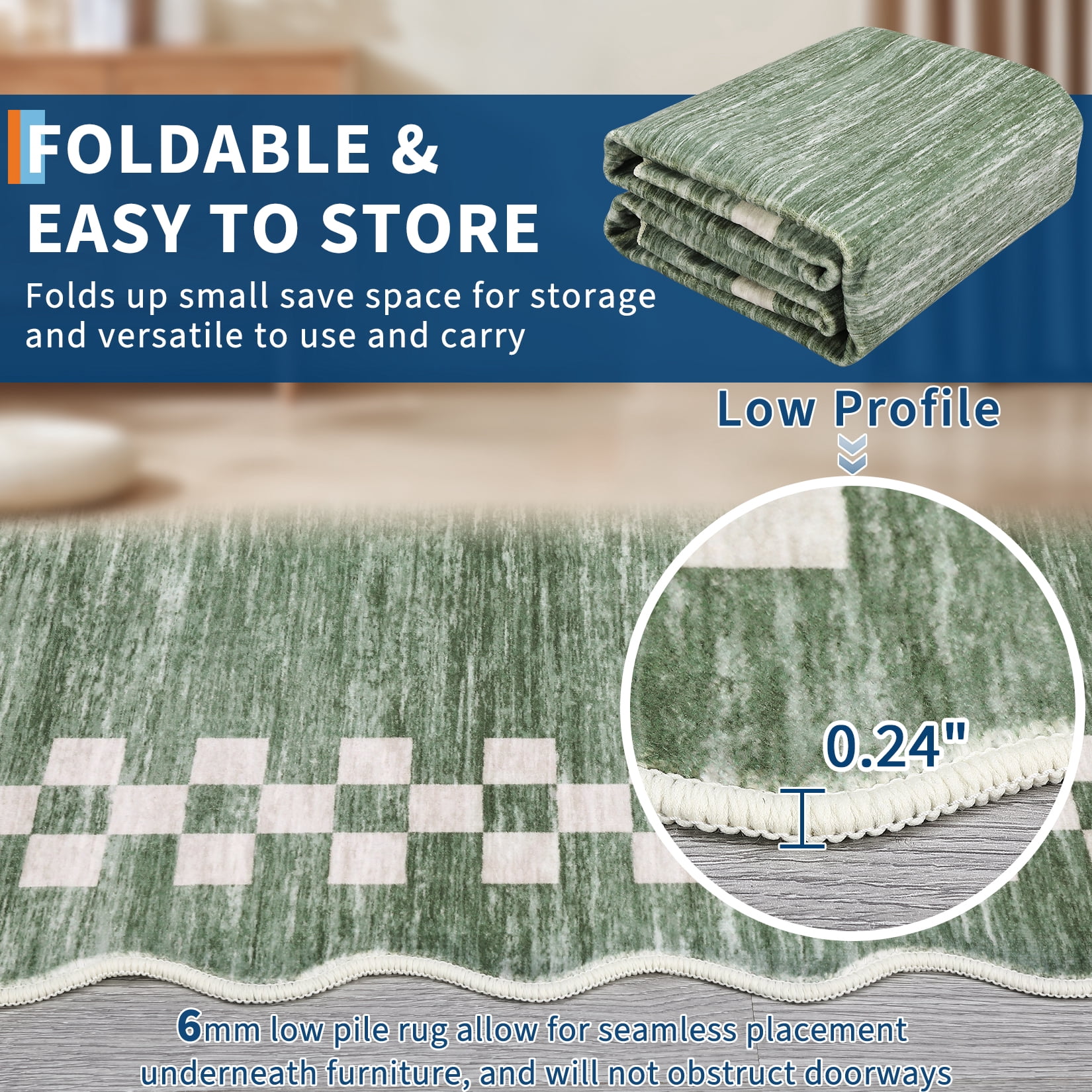 Garvee 8'x10' Scalloped Area Rug, Geometric Neutral Bordered Indoor Rugs Washable Rug Stain-Resistant Low Pile Carpet for Living Room Bedroom Home Decor, Green