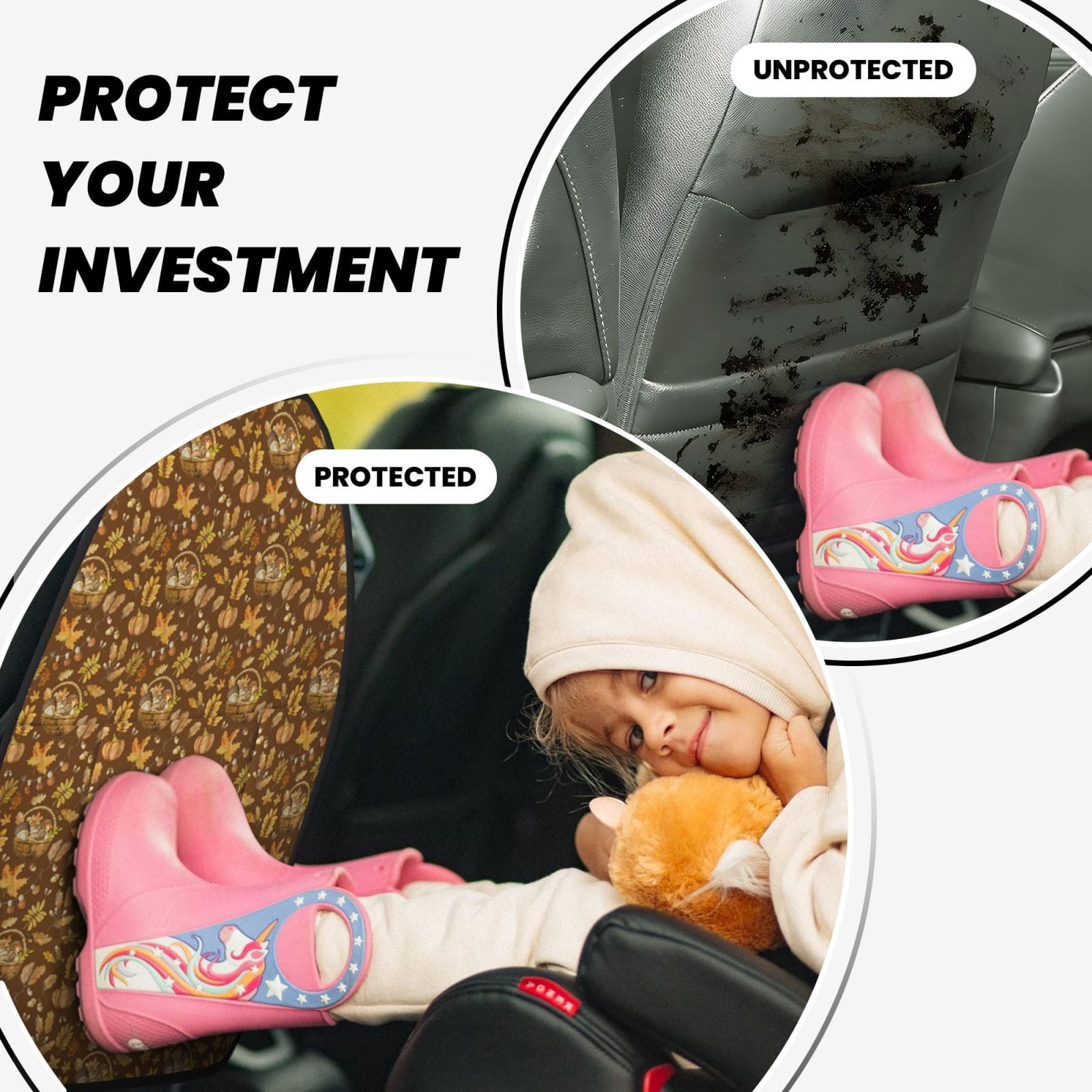 Kdxio Vintage fall harvest basket Print 2 Pack Car Kick Mat Seat Cover Back Protector Mat with Pockets for Organizer Backseat Protector and Storage Anti Kick Pad for Vehicles
