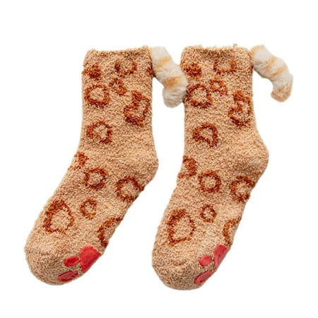 

CANKER Women Cute Cat Paw Fuzzy Slipper Socks with Grippers 3D Plush Tail Warm Hosiery