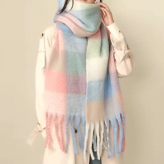 Women's Scarf Shawl, Oversized Rainbow Grid Plaid Design, Warm Chunky Knit Tassel Winter Scarf for Women, Soft Acrylic Blanket Wrap for Fall Winter, Travel and Daily Fashion-Pink