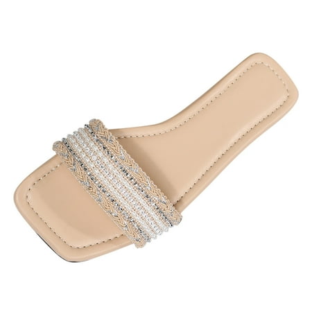 

Women Slippers Flat Beaded Fringe Slippers Square Headband Beach Sandals Fairy Fashion Slippers Flat Open Toe Slippers Summer Slippers PU Dress Sandals for Women Khaki