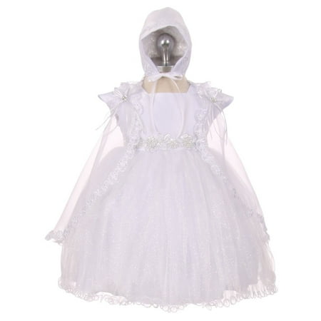 RainKids Baby Girls White Sparkly Tulle Cape Bonnet Christening Dress 0-24M