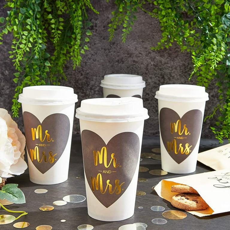 Mr and Mrs Paper Insulated Coffee Cups with Lids (16 oz, 48 Pack