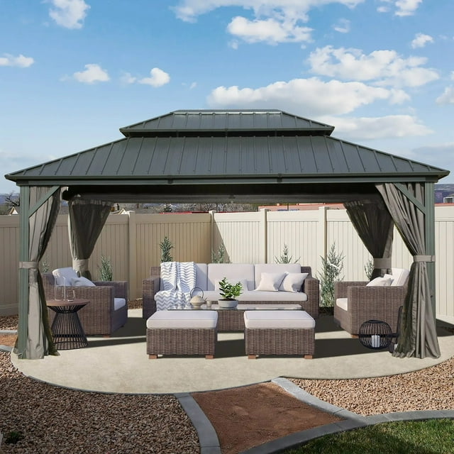 Domi Pavillon à Toit Rigide 10 Pieds x 14 Pieds Pavillon Extérieur en Aluminium avec Rideaux et Moustiquaire, Gris