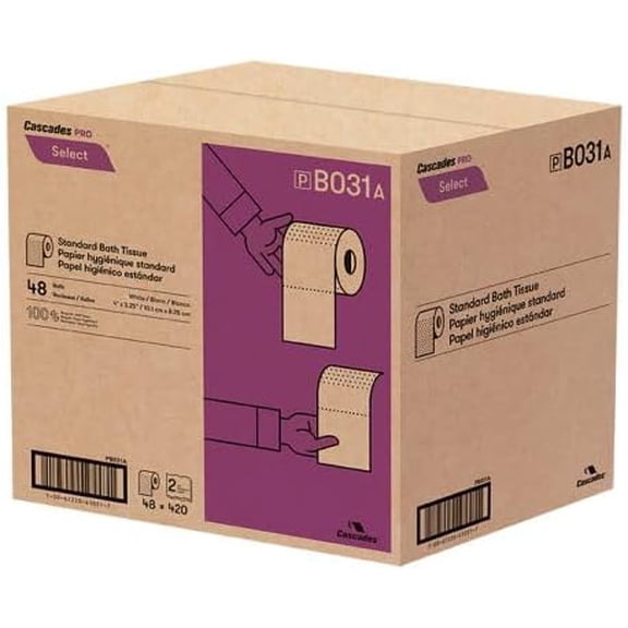 Cascades Pro Standard 2-Ply White Bathroom Tissue, 48 Rolls of 420 Sheets Each, 100% Recycled, Septic Safe
