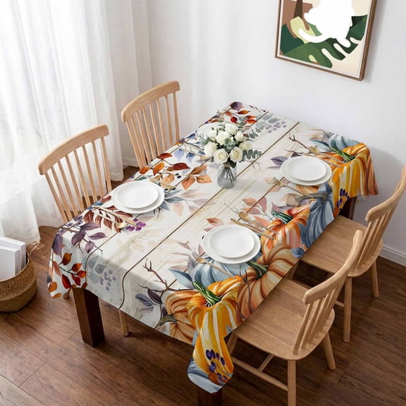 Orange Blue Fall Table Cloth Waterproof Tablecloths, Vintage Thanksgiving Pumpkins Maple Leaf Tablecloth Dining Table Cover for Kitchen Party Tabletop Outdoor, Rectangle Tablecloth 52x70 Inch