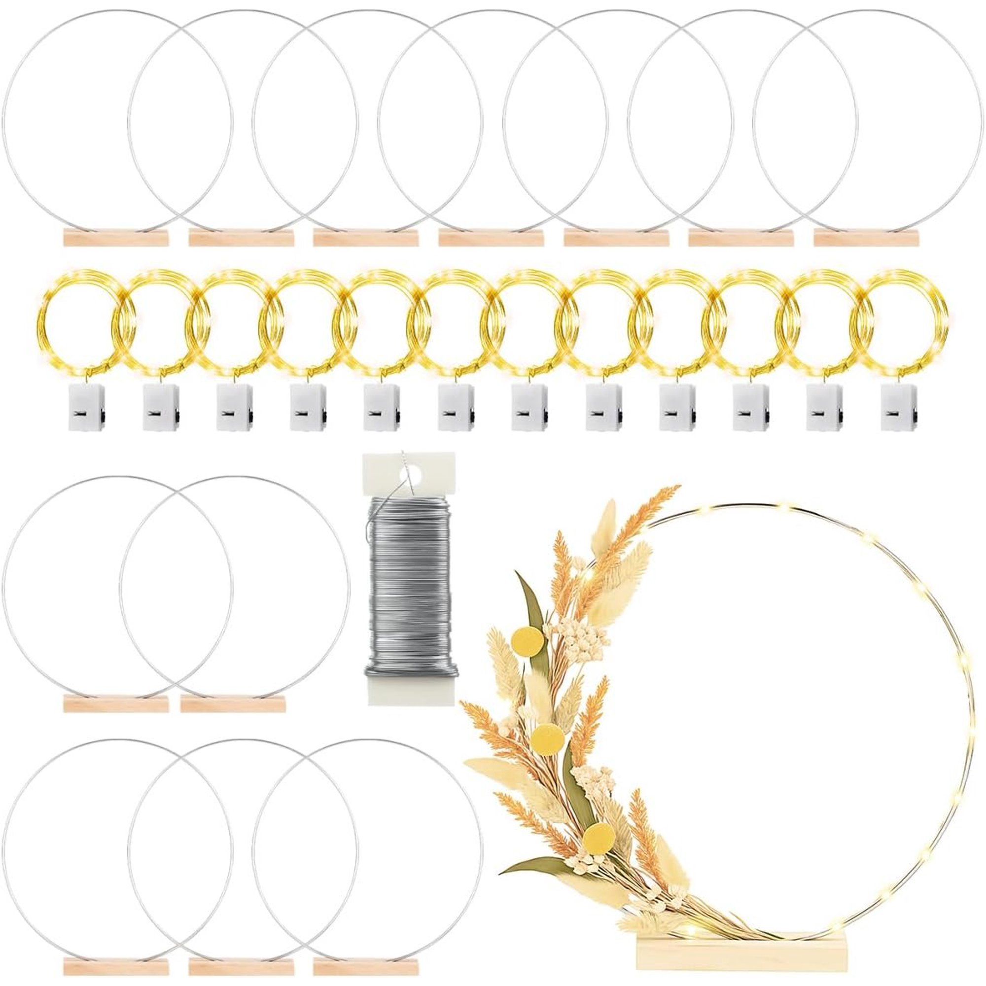 12 Pack Floral Hoop with Stand and LED Fairy Lights 12 inch Metal Rings for DIY Centerpiece Table Decorations Crafts Macrame Rings Hoop Wreath Dream Catcher Rings Wedding Christmas Wreaths,