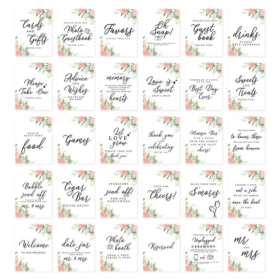 Koyal Wholesale Coral Peach Roses Wedding Signs Bundle Set for Ceremony, Reception Decor Signage, 8.5 x 11", 30-Pack