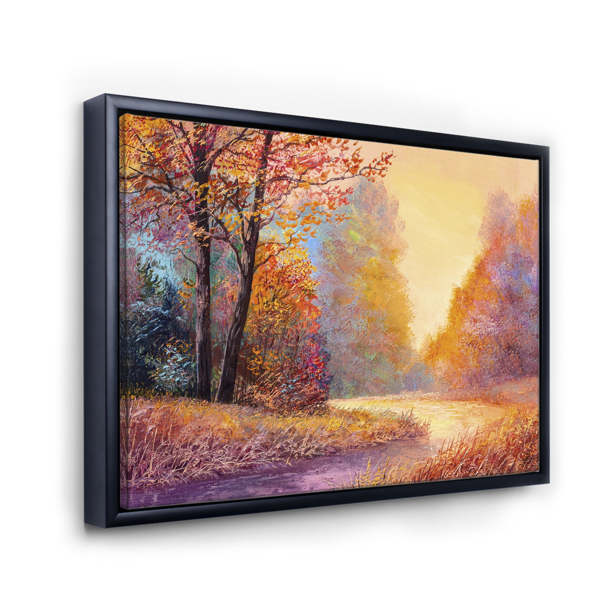 The Autumn Forest Orange Leaves Landscape With Path 32 in x 16 in Framed Photography Canvas Art Print, by Designart