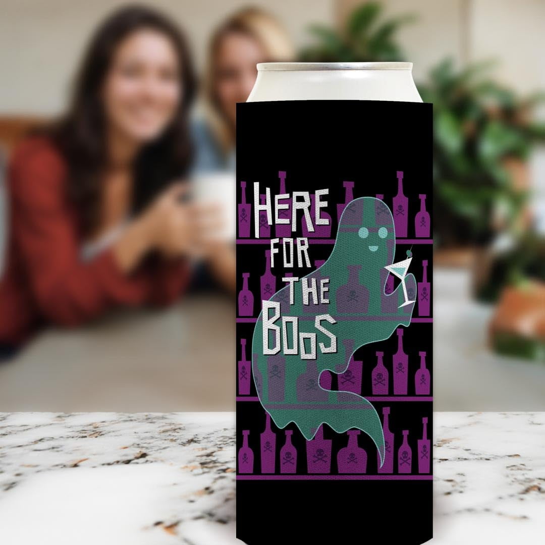 Womens Halloween Party Decorations Drink Up Witches Here For The Boos 2 Sided 6-Pack Ultra Slim Can Drink Sleeves