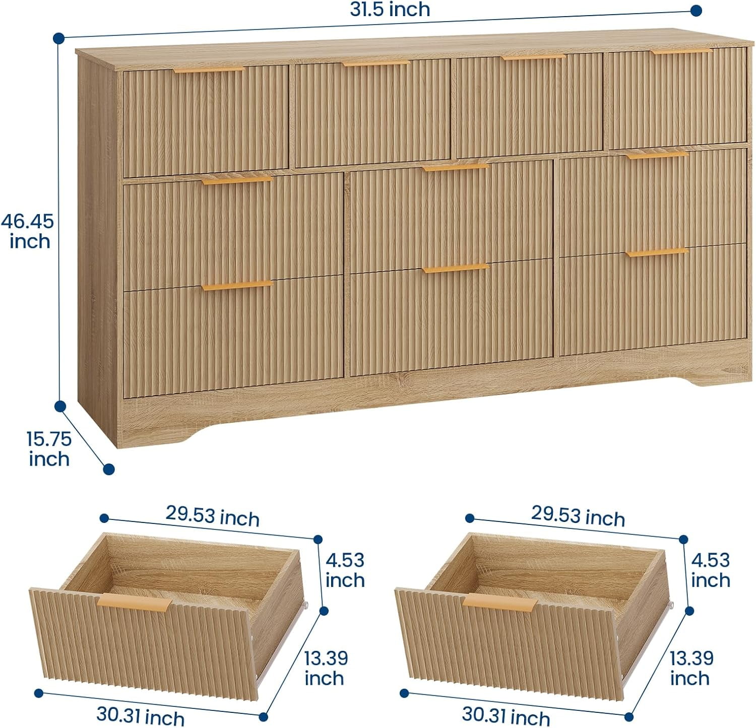 Fluted Design 10-Drawer Dresser - 59" Wide Modern Wood Chest for Bedroom, Living Room TV Stand or Hallway Storage Organizer with Wood Frame, Natural