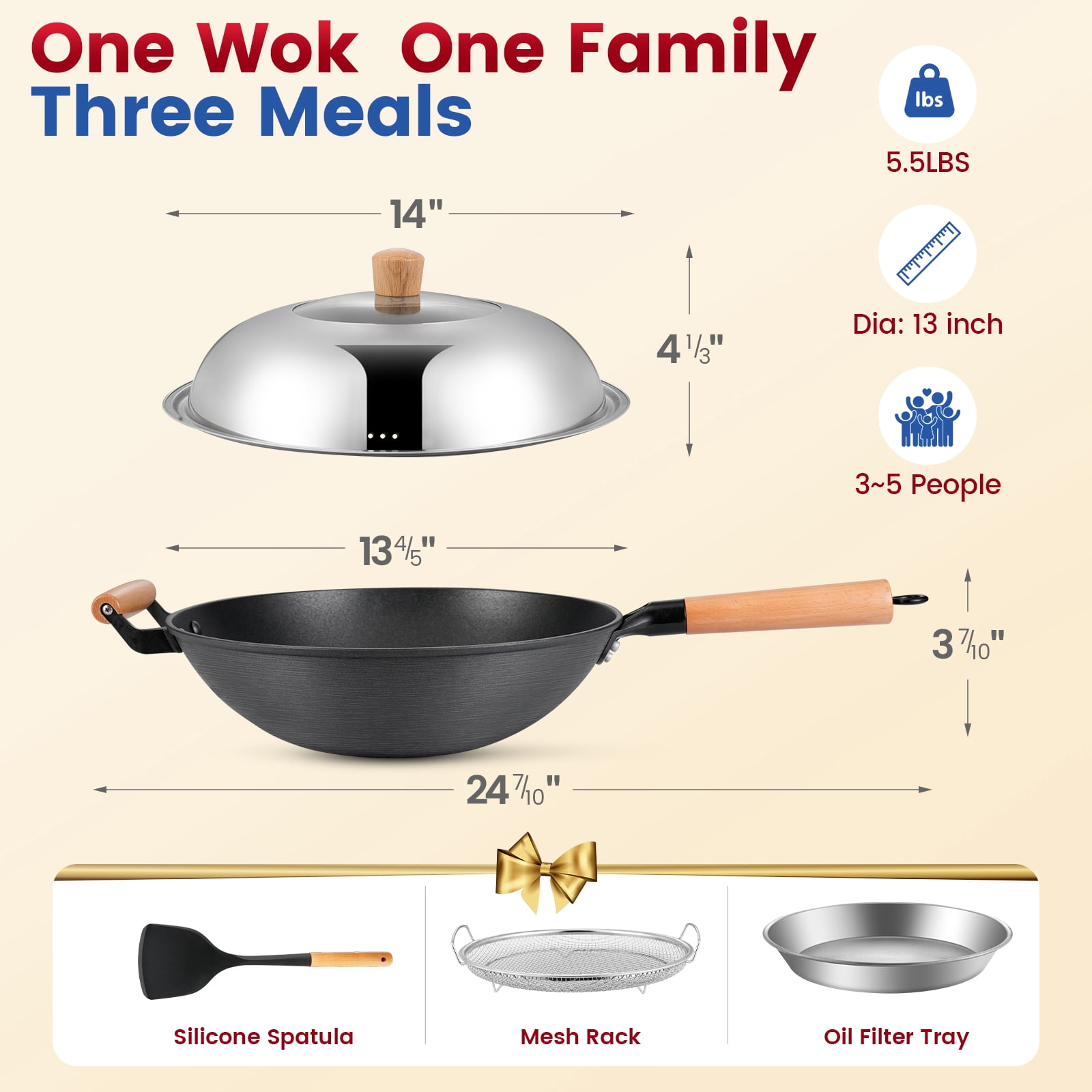13'' Nonstick Wok, Cast Iron Wok with Lid, 5 PCS Wok Pan & Stir-Fry Pans Set with Oil Filter Tray and Spatula, No Chemical Coated Flat Bottom Chinese Woks Pan for All Stoves