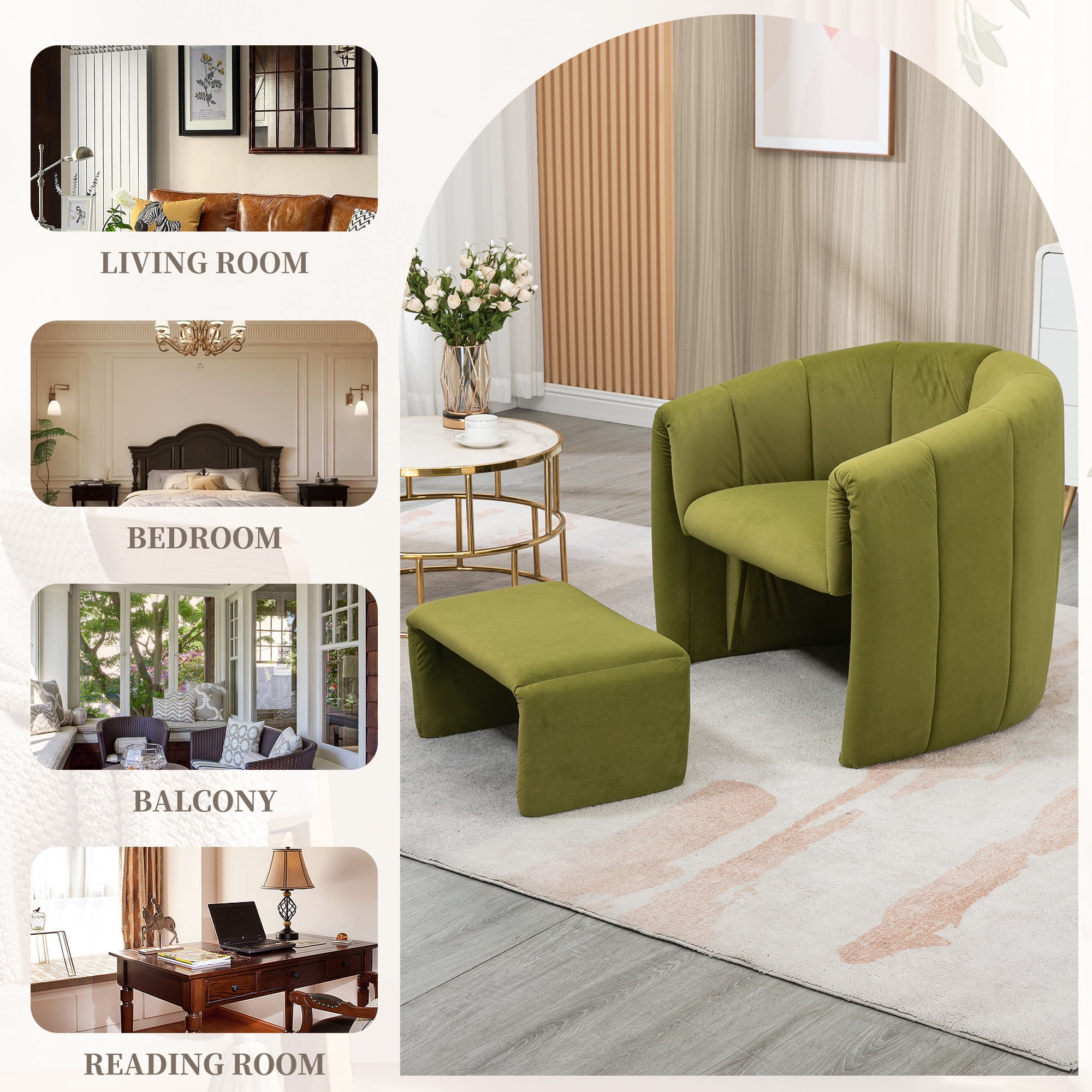 MOONMISS Velvet Upholstered Mid Century Modern Barrel Chair with Ottoman-Olive Green