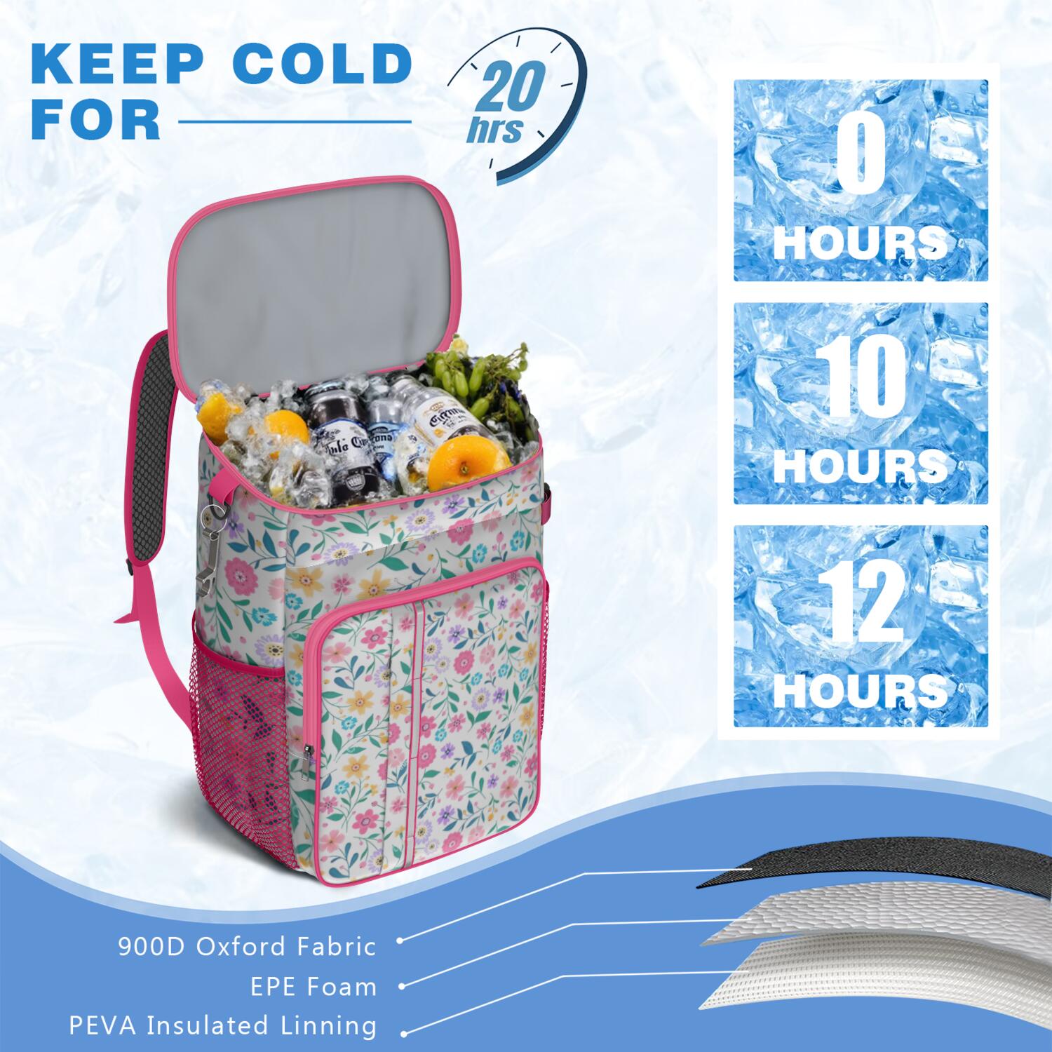 Travel Cooler Bag - Pioneer Flower Floral Print Pattern Camping Beer Cooler Backpack with Bottle Opener- Waterproof Insulated Picnic Backpacks - Cooler Bag for Beach