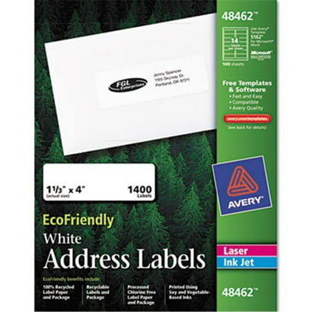 Avery EcoFriendly Laser/Inkjet Easy Peel Mailing Labels, 1 1/3 x 4, White, 1400/Pack