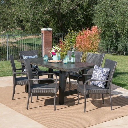 Felipe Outdoor 7 Piece Stacking Wicker and Concrete Dining Set Grey Stone Black Grey