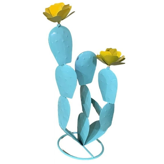 Metal Prickly Pear Cactus Art Gifts - Cactus Statue Desert Decor,Metal Cactus with Flowers,Metal Plant Decor Blue