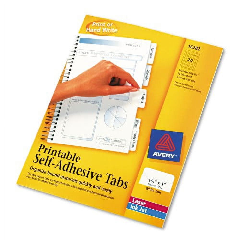 Avery Printable Plastic Tabs with Repositionable Adhesive, 1/5-Cut, White, 1.75" Wide, 80/Pack, Each