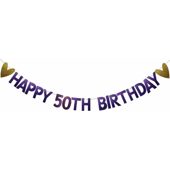 N//A Happy 50th Birthday Banner, Pre-Strung, Purple Glitter Paper Garlands Banner for Party Decorations Supplies, Letters Purple,