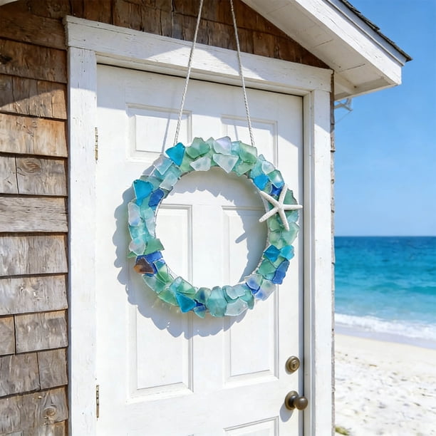Decoración costera hecha a mano con corona de vidrio marino - Flor de vidrio azul 25cm • Colgante de pared con temática de playa • Regalo de decoración para el hogar de estilo náutico oceánico