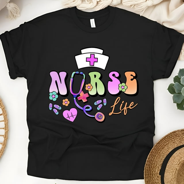 Nurse Life T-Shirt | Pastel Lettering with Stethoscope and Nurse Cap Graphic, Black, Size L