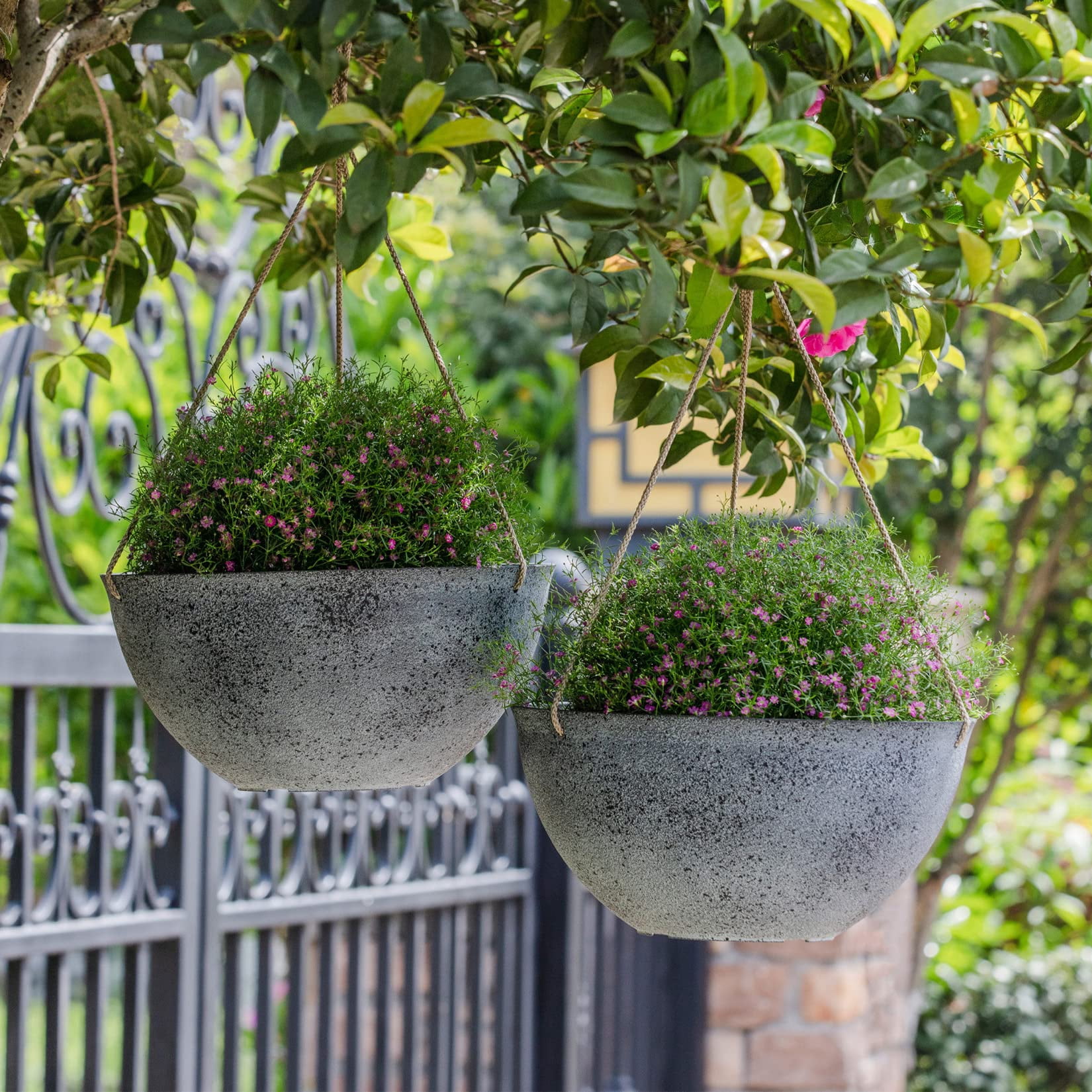 Large Hanging Planters Set of 2 13 Inch Flower Pots Outdoor Indoor Garden Decor Iron Finish