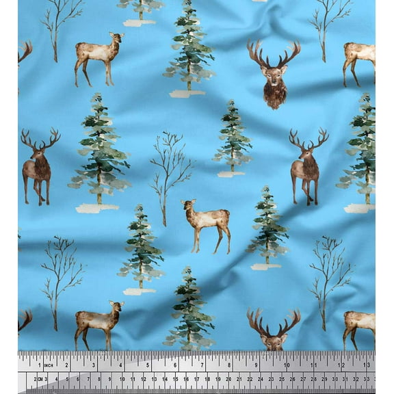 Soimoi Blue Cotton Duck Fabric Deer & Tree Watercolor Decor Fabric Printed Yard 44 Inch Wide