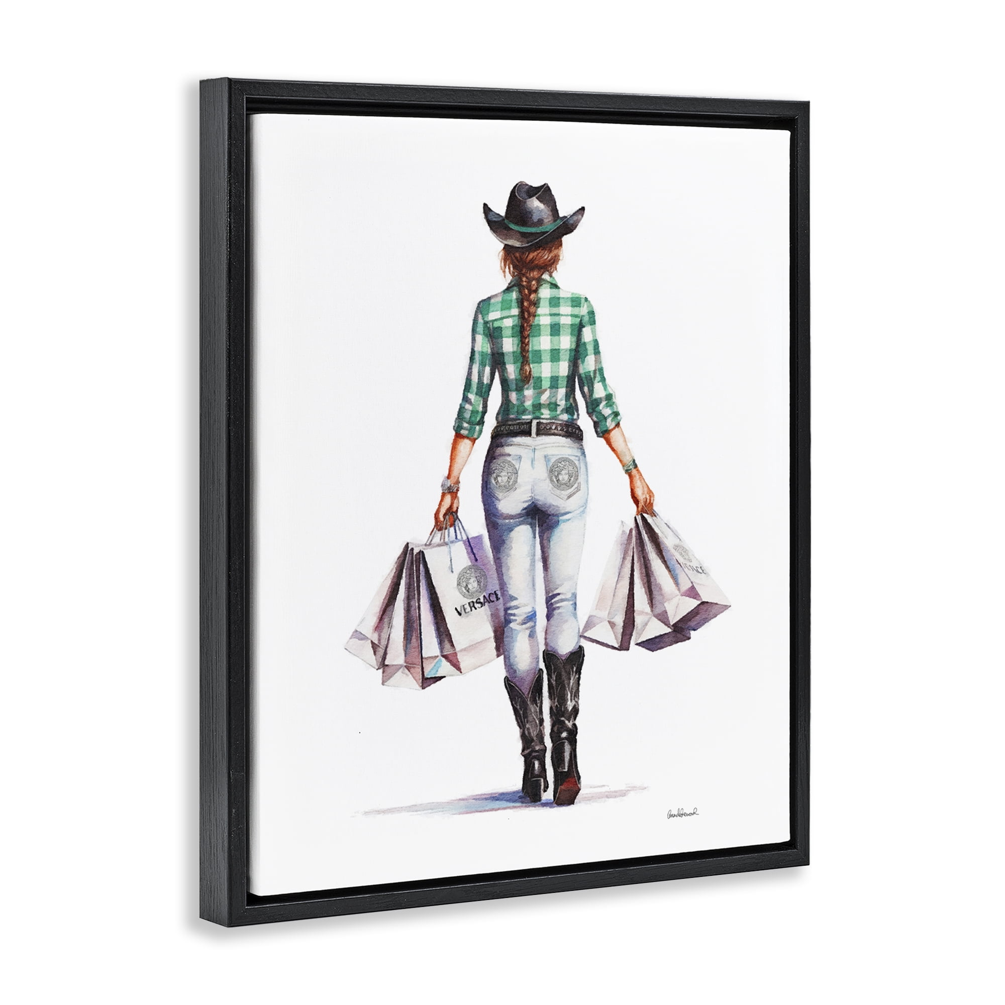 Stupell Industries Country Cowgirl Shopper People Painting Black Floater Framed Canvas Art Print Wall Art, 17 x 21