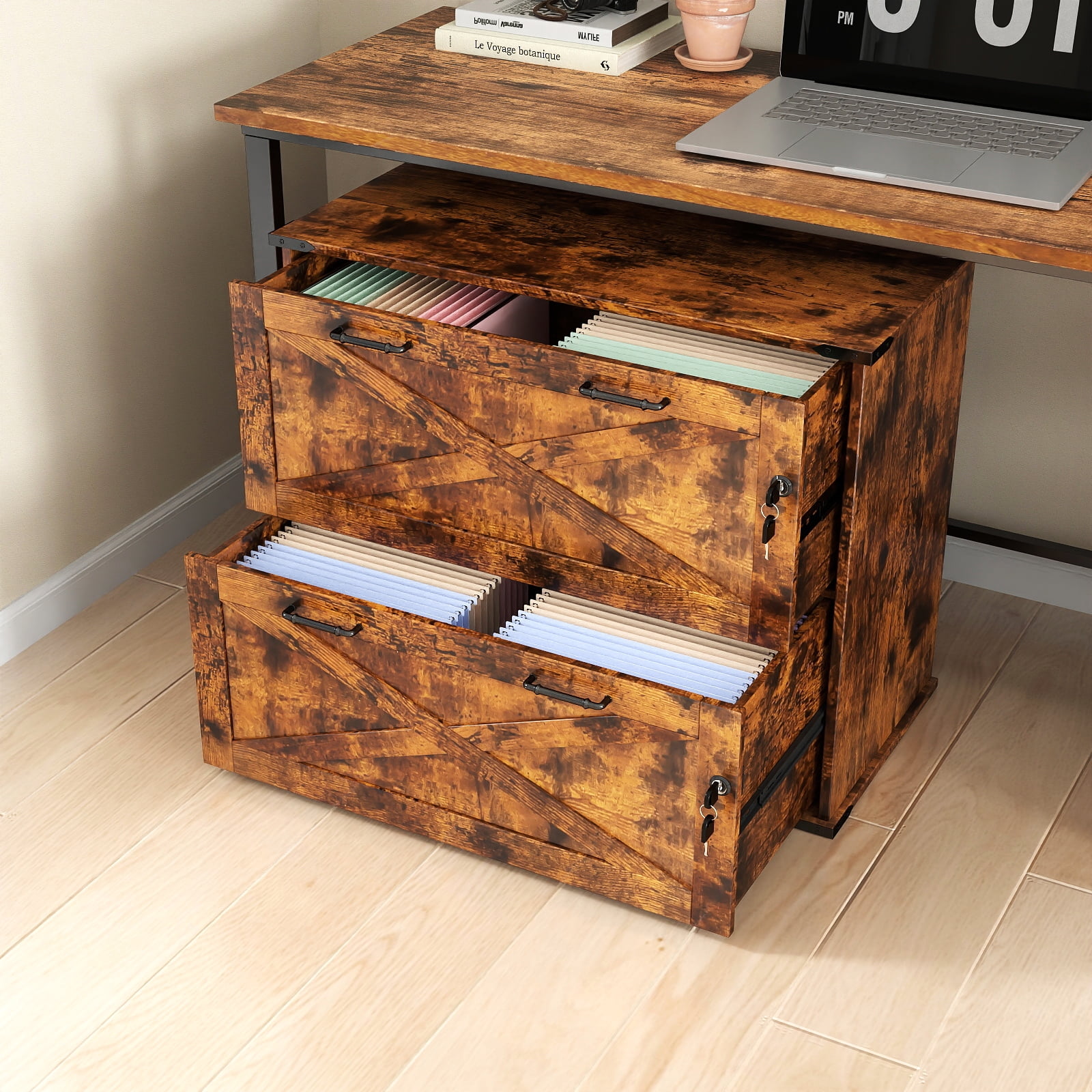 UBesGoo Farmhouse File Cabinet with 2-Drawer Wood Vertical File Storage Cabinet with Individual Lock and Rustic Metal Handles, Brown
