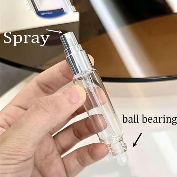 2-Pack Stylish Gold Mini Refillable Glass Perfume Bottles, 0.34oz Dual Spray & Rollerball Design, Upgraded Leak-Proof TSA Compliant Travel Atomizer, Portable Refillable Glass Vials for Fragrance, Ess