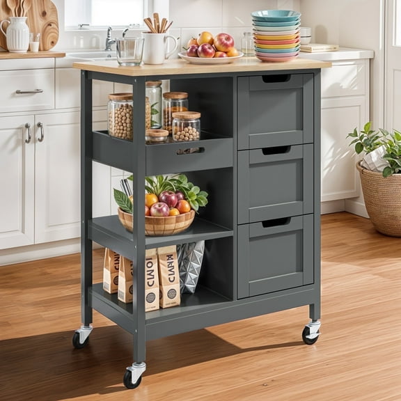 ModFusion 33" Rolling Kitchen Serving & Storage Cart with Pine Wood Top, 3 Shelves, Drawers, Locking Wheels