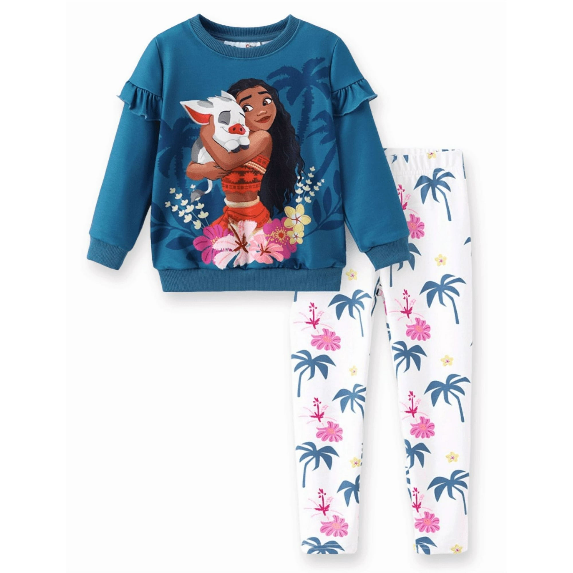 Disney Princess Toddler Girls Ruffle Sweatshirt and Leggings Moana Graphic Teal Outfit 2-Piece Set 3-4Y