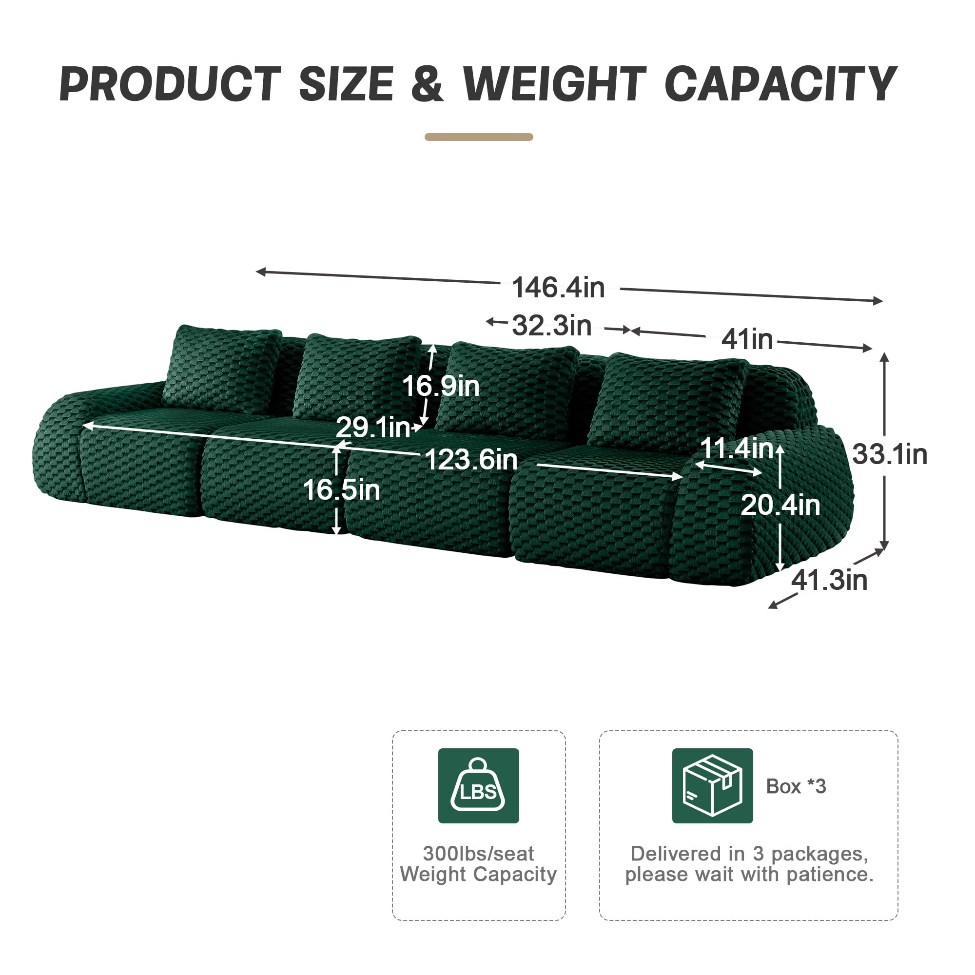 Aukfa 146" Oversized Cloud Sectional Sofa 4 Seat Modular Boneless Couch for Living Room, 4 Pillows, Flannel, Creen
