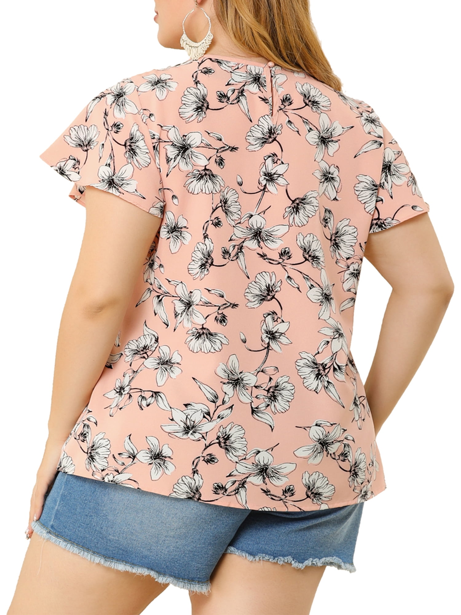 Unique Bargains Juniors' Plus Size Top Floral Lace Panel Keyhole Back Flare Sleeve Blouse Pink 2X