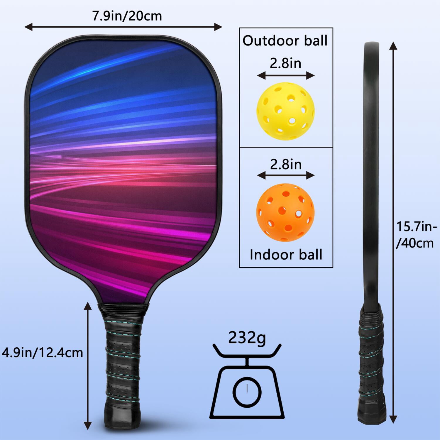 Pickleball Paddles Set Of 1, Fiberglass Surface, Speed, Lightning, Thunder Print, 1 Paddle, 2 Balls & Bag