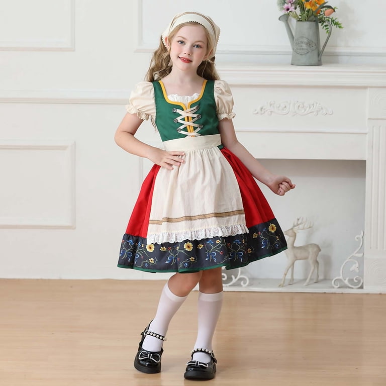 Awzxde Girls Dresses Bavarian Traditional European Farmhouse Outfit for Oktoberfest Summer Party Age 6-12 Years Long Dresses Green,9-10 Years, Infant