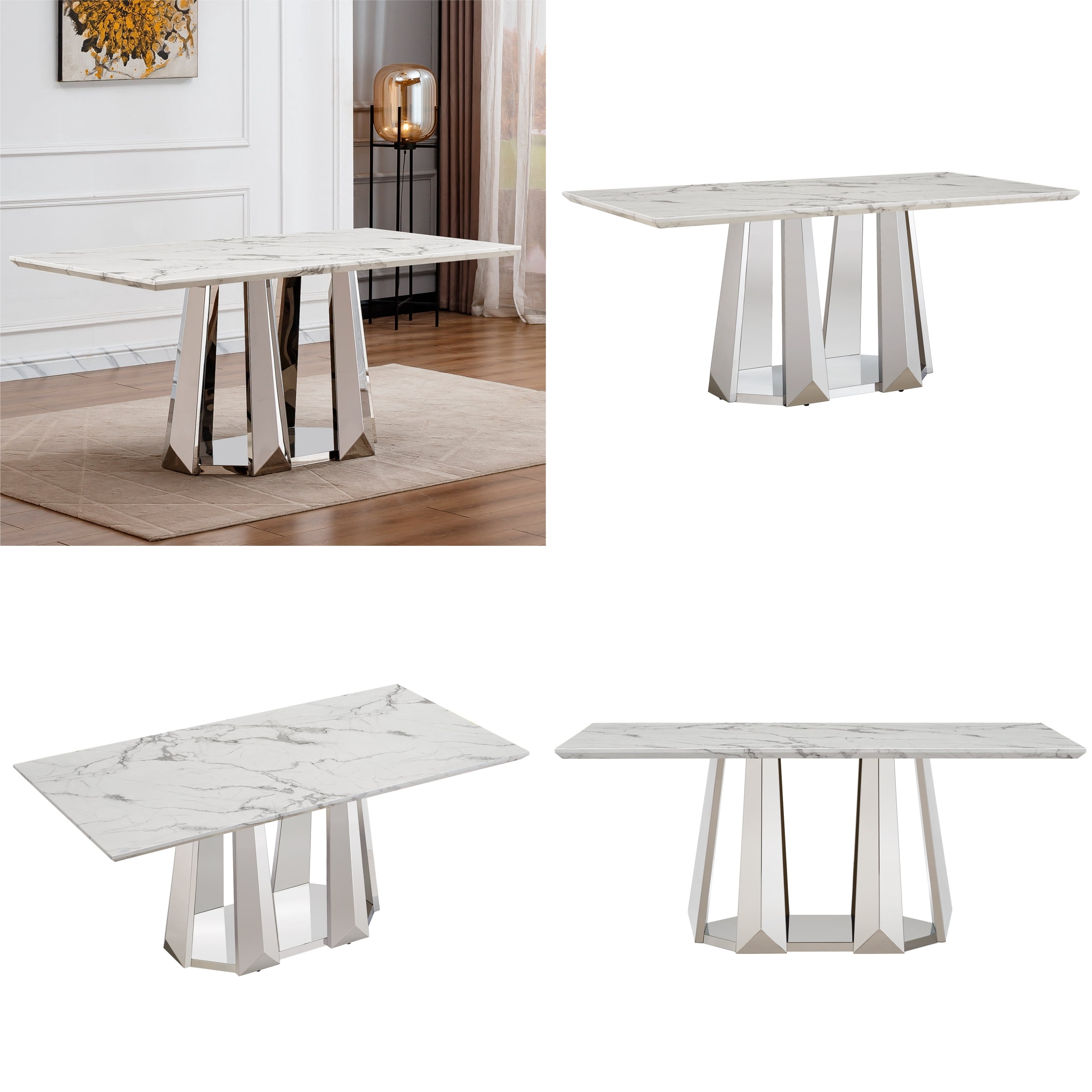 Shikeyi 70" Marble Dining Table for 6-8, Modern Luxury Silver Rectangular Large Kitchen Table, Marble Grain MDF Tabletop & Stainless Steel Base for Kitchen Dining Room, White (Table Only)